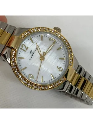 Viewpoint women gold tone 28mm quartz analog rhinestones mop dial running thumbnail 2