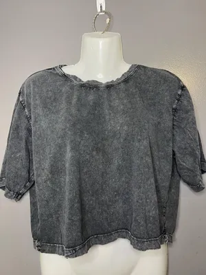 Z By Zella Shirt Womens Medium Gray Acid Wash Cropped Short Sleeve Athletic thumbnail 1