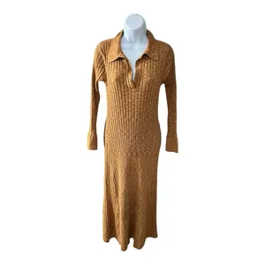 LOFT Brown Ribbed Polo Midi Knit Sweater Dress Size M Long Sleeve Pullover thumbnail 4