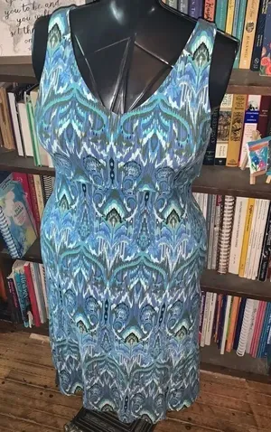 Athleta blue artsy v-neck soft Athleisure knit M skater dress thumbnail 1