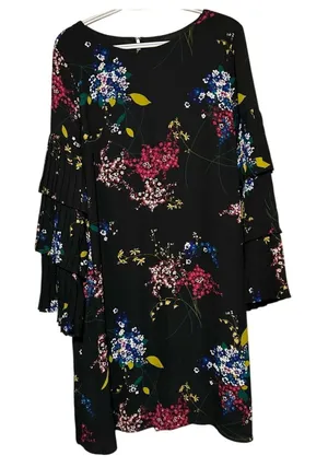 Worthington Women's Black‎ Floral Pleated Ruffled Sleeve Dress Size 14 thumbnail 1