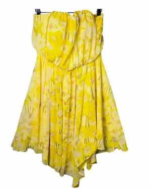 Vince Camuto Yellow Floral Chiffon Strapless Asymmetrical Dress Womens Size 10 thumbnail 1