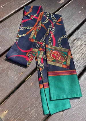 Vintage Equestrian Chain Belt Print Scarf Navy Green Red‎ Gold 60 Inch thumbnail 1