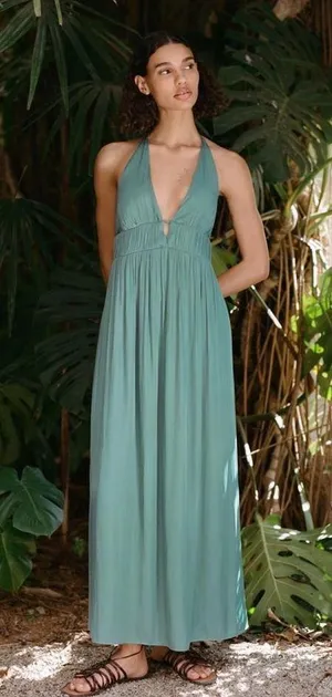 Zara maxi dress boho pleated Teal Evening Gown wedding party cocktail thumbnail 14