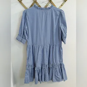 J.Crew Ruffleneck Tiered Popover Dress in Stripe Blue White Small thumbnail 7