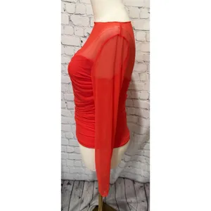 Suuksess bright red, form-fitting ruched long-sleeve top thumbnail 2