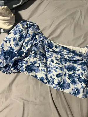 Abercrombie & Fitch Blue Floral‎ Puff Sleeve Crop Top Smocked Pleated L thumbnail 14