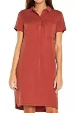 GAP Womens Rust Red Lyocell Short Sleeve Shift Dress Pocket Collared Medium thumbnail 1