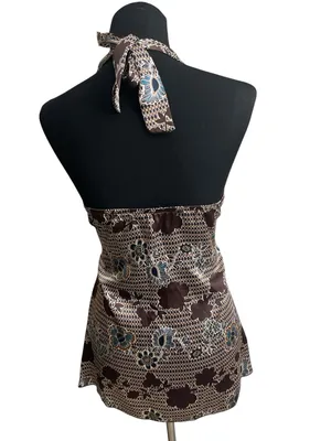 Vintage Y2K A. Byer Satin Brown Floral Smocked Babydoll Halter Tank Top thumbnail 3