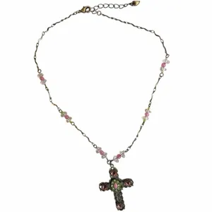 Vintage Victorian Revival Jeweled Cross Necklace Pink Green Rhinestones Beaded G thumbnail 7
