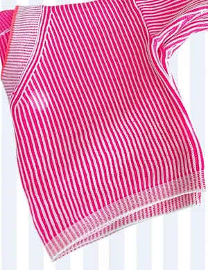 Pink and White Striped V-Neck Knit Sweater w Relaxed Boxy Fit LG/OS thumbnail 1