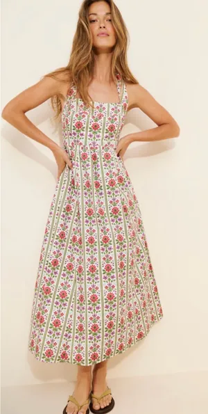 HILL HOUSE The Fleur Midi Dress Green Floral Block Stripe Size Small thumbnail 1