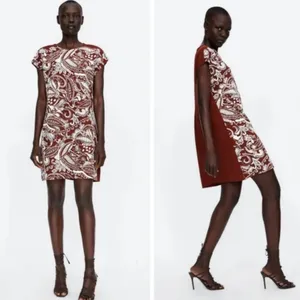 ZARA Paisley Textured Print Mini Shift Dress Burnt‎ Brick & White Size Small thumbnail 2