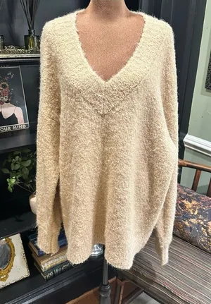 Aerie Teddy V-Neck Bouclé Sweater – Size Large – Cozy Texture & Relaxed Fit thumbnail 1