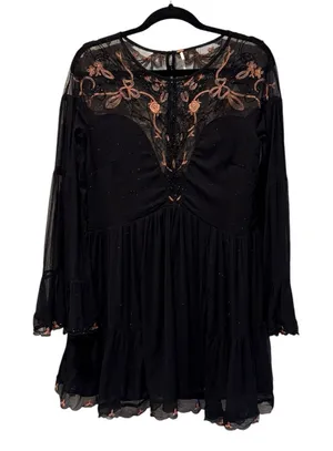 Free‎ People Floral Embellished Metallic Shimmer Lace Dress Black Size Small thumbnail 1