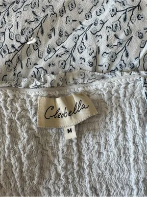 Cleobella - Floral Smocked Midi Dress White Blue Self-Tie Strap Sz M thumbnail 6