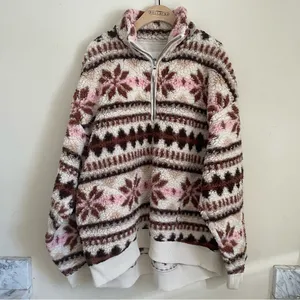 Aerie Sherpa Half Zip Pullover Snowflake Print Teddy Fleece Size M Pink Brown thumbnail 1
