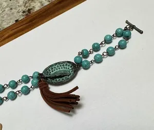 Rustic Style Turquoise Color Beads / Rhinestone / Brown Tassel NWT Bracelet thumbnail 4