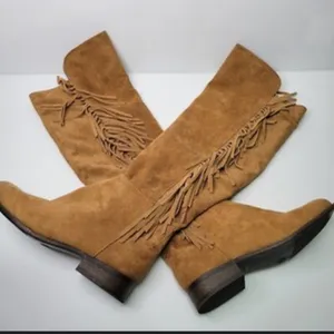 Tan Suede Knee High Fringe Boots mossimo casual classic fall 8 $60 boho thumbnail 1