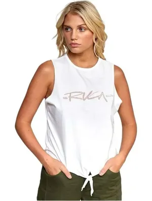 NWT Womens RVCA Vintage White Chalk Script Logo Tie Front Tank Top - Sz S thumbnail 1