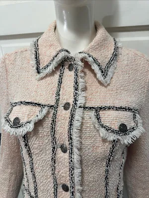 Veronica Beard Cotton Blend Pale Pink Tweed Fringed Blazer with Gray Trim S XS thumbnail 3