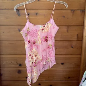 Y2K Wet Seal Pink Floral Tank Top Asymmetrical Lettuce Hem Fairy Mesh Medium thumbnail 5