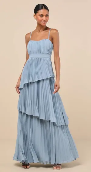 NWT Lulus Jehona Dusty Blue Pleated Tiered Maxi Dress Bridesmaid Holiday Size XS thumbnail 1