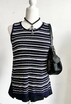 Navy Striped Knit Tank‎ Top, Coastal Chic, Old Money, Minimalist, Preppy, Medium thumbnail 1