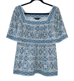 BCBGMaxazria Blue Cream Tile Print‎ Top Medium Square Neck Peplum Boho Coastal thumbnail 1