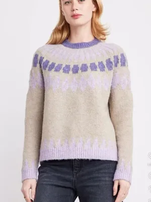 Women’s Tan Purple Size M Soft Fair Isle Pullover High Neck Knit Sweater thumbnail 1
