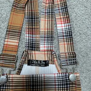 Jolie & Joy Beige, Red, White, and Black Plaid Pinafore Mini Overall Dress thumbnail 4