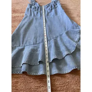 Denim Blue Sleeveless Mini Dress With Ruffle Hem and Tie Straps thumbnail 2