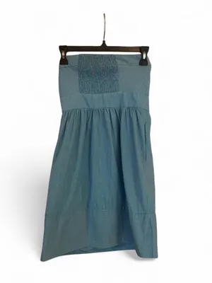 ZARA BASIC Blue Striped Smocked Strapless Fit & Flare Knee Dress S Cotton thumbnail 4