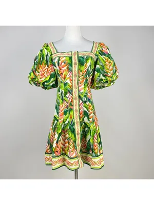 NWOT FARM Rio Square Neck Puff Sleeve Floral Tropical Print Mini Dress Size S thumbnail 2
