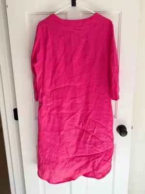 Willow Hot‎ Pink 100% Linen V-Neck Pocket Shift Dress M thumbnail 2