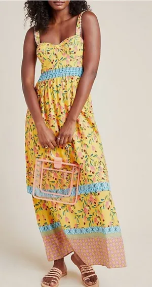 FARM Rio for Anthropologie Anjou Yellow Floral Maxi Dress with Blue Trim Size 0 thumbnail 1