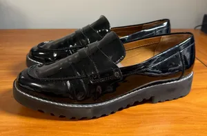 Franco Sarto Cassandra Black Patent Faux Leather Penny Loafer Chunky Lug Slip On thumbnail 1
