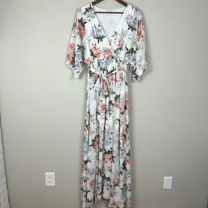 BALTIC BORN Maxi‎ Dress Womens Large White Floral Belted V-Neck Feminine Flowy L thumbnail 7