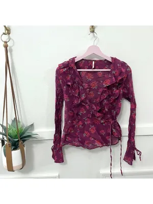 Free People Amanda Ruffle Wrap Top Blouse Floral Red Pink Size M thumbnail 2