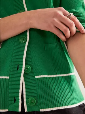 Maeve Anthropologie Green Ribbed V-Neck Cardigan NWT Medium Preppy Contrast Trim thumbnail 3