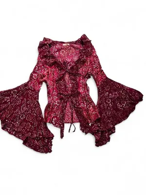 Y2K Red Floral Asymmetrical Bell Sleeve Top Women's Size Large Whimsigoth Witchy thumbnail 2