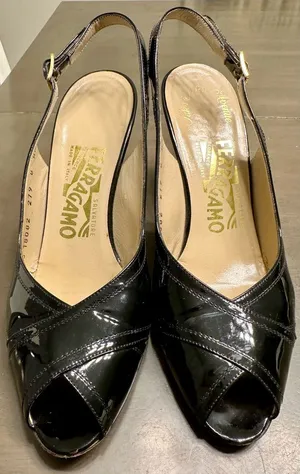 Salvatore Ferragamo Black Patent Leather Sling Back Open Toe Heels Size 8 AA thumbnail 1
