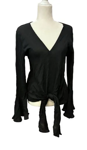 Ruffled Bell Sleeve V-Neck Black Tunic Top Asymmetrical Hem Womens L Gauze thumbnail 1