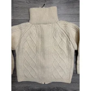 80s Carraig Donn Handknit Merino Wool Aran Zip Cropped Cardigan Sweater Cream M thumbnail 15