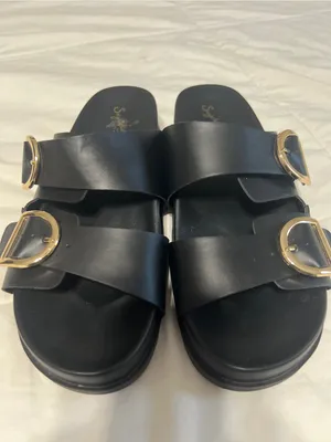 Seychelles Black Double-Buckle Slide Sandals with Gold Buckles thumbnail 4