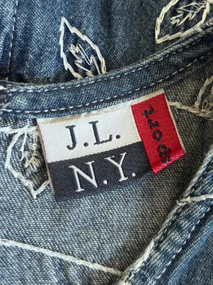 Vintage‎ J.L N.Y. Sport Denim Blue w/ White Embroidered Leaves Mini Dress Large thumbnail 4