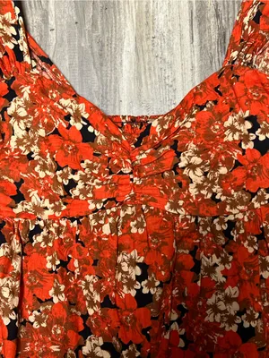 Free People Pattern Play Orange Floral Linen Blend Babydoll Mini Dress S thumbnail 2
