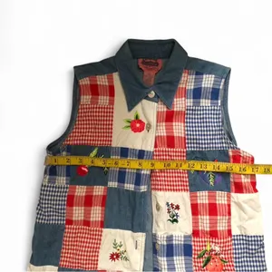 Vintage Cottagecore Farm Ranch Western Unique patchwork Button up shirt top blouss vest embroidered cowgirl Sz S Measurement in pics thumbnail 5