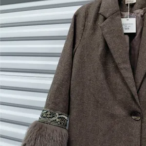 NKN Nekane Womens Wool Blend Coat Sz Small Brown Herringbone Faux Fur Old Money thumbnail 12