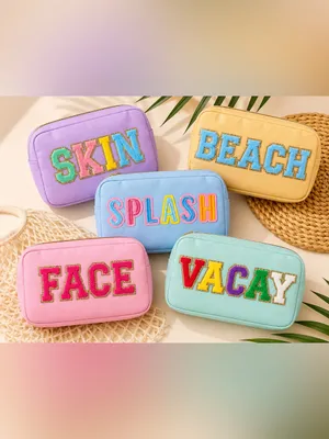 Tan ‘Beach’ nylon Travel Pouch with Gold Trim varsity letter patches thumbnail 2